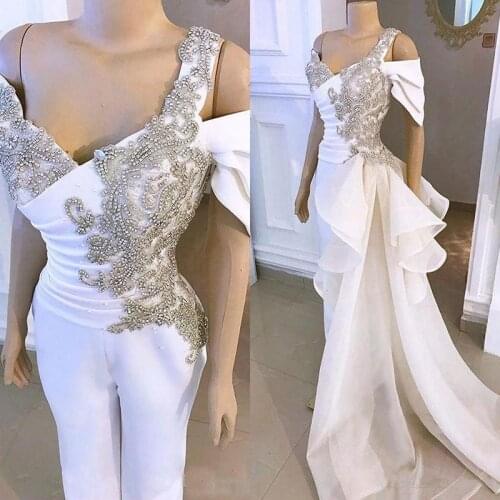 2020 Luxury Crystal wedding Jumpsuit with Side Detachable Train Real Image Off Shoulder Peplum Arabic bridal Dress with Pant Sui