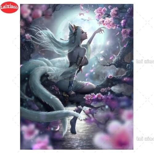 Diamond embroidery Abstract art, nine-tailed fox woman, flowers full square round drill diamond painting 5d diy diamond mosaic