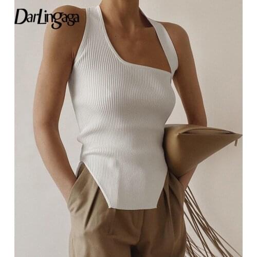 Darlingaga Asymmetrical Knit White Tank Top Skinny Fashion Solid Halter Top Women Sweater Vest Backless Summer Crop Tops Clothes