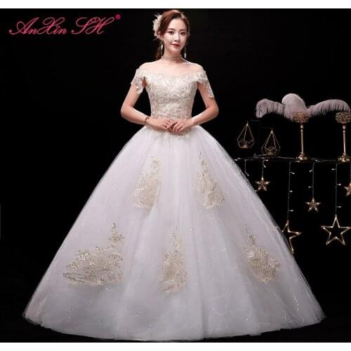 AnXin SH princess champagne flower white lace ball gown wedding dress party vintage boat neck white lace up wedding dress