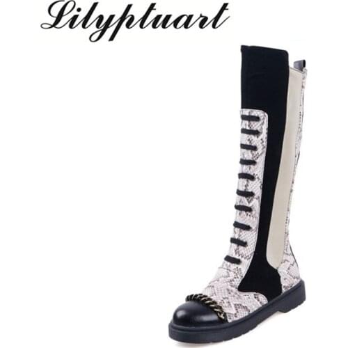 2019 autumn and winter new punk fashion color matching side zipper high boots round head chain decoration low heel boots