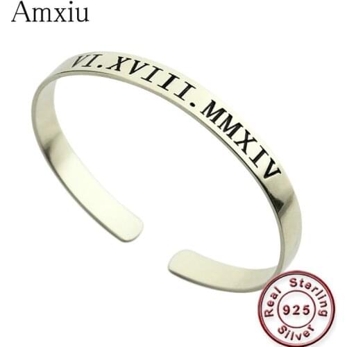 Amxiu Personalized Cuff Bangles Engrave Roman Numeral Bangle 925 Sterling Silver Bangle Bracelets For Men Jewelry Special Gift