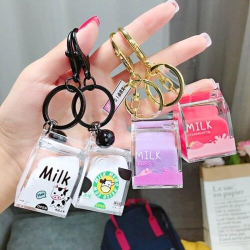 Creative Dairy Cow Milk Drinks Acrylic Keychain Fruit Milk Moving Liquid Keyrings Decompression Drift Bottle Jewelry Kids Gifts