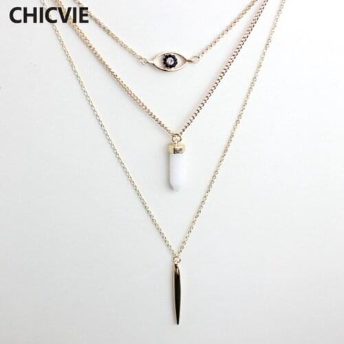 CHICVIE Trendy Natural Stone Beads Statement Necklace Sweater Gold Color Pendant Necklaces for women Jewelry SNE160232