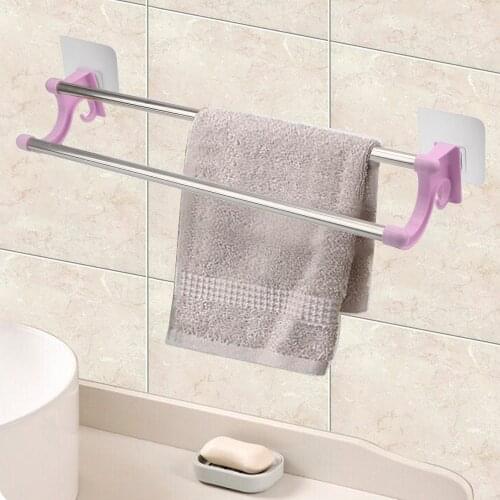 Double-bar Towel Rack Stainless Steel No need Perforated Bar Bathroom Kitchen Hanging Holder Over Door Cabinet Shelf Rack