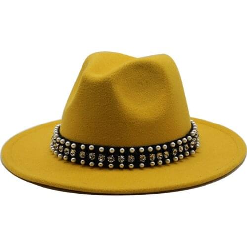 Fashion Men Women Wide Brim Wool Felt Jazz Fedora Hats British style Trilby Party Formal Panama Cap Black Yellow Dress Hat