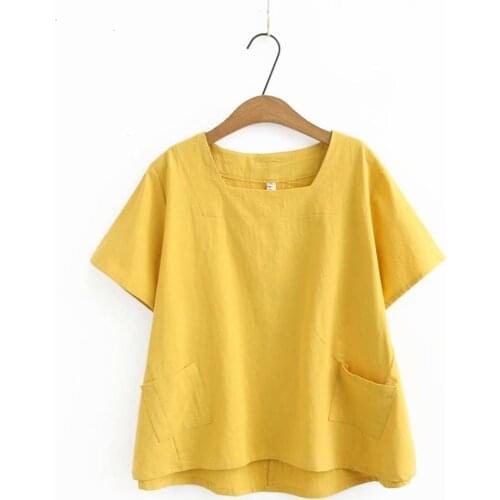Plus size Cotton women short sleeve loose tshirts Square Collar 2020 new summer lady soft pockets t shirts female tops t-shirts