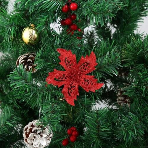 Artificial Christmas Flowers Glitter Fake Flowers Merry Christmas Tree Decoration Home DIY Xmas Gifts Ornament Navidad 2021