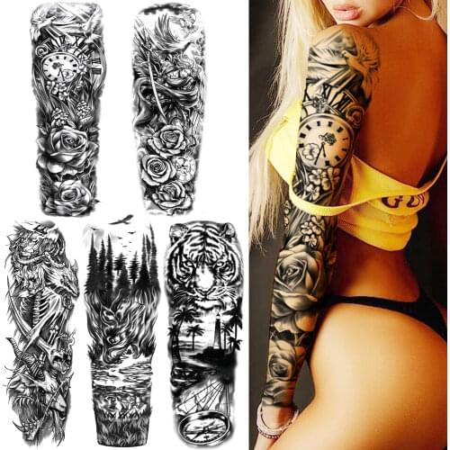 Compass Flower Temporary Tattoo For Women Men Black Foeest Tiger Tattoos Sticker Sleeve Fake Disposable Covers Up Tatoos Arm