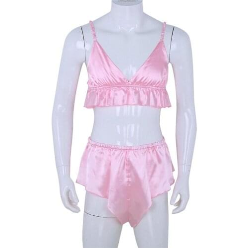 TiaoBug 2Pcs Mens Sissy Lingerie Soft Silky Bra Top with Loose Triangle Briefs Underwear Set Erotic Sexy Men Panties Underpants