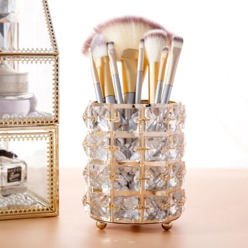 European Style Metal Crystal Makeup Brush Organizer Eyebrow Pencil Comb Jewelry Pearl Cosmetic Storage Box