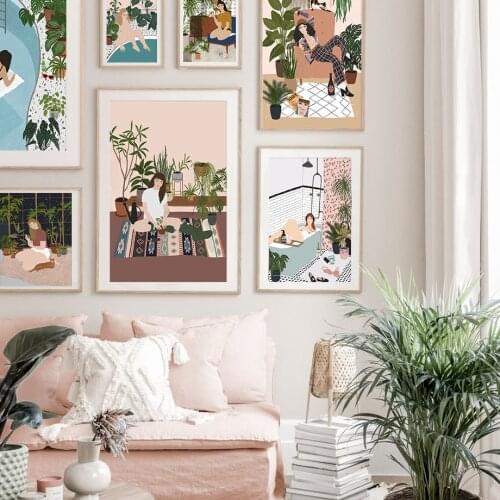 Fashion Vintage Girl Plant Cat Wall Art Canvas Painting Nordic Posters And Prints Abstract Wall Pictures For Living Room Decor