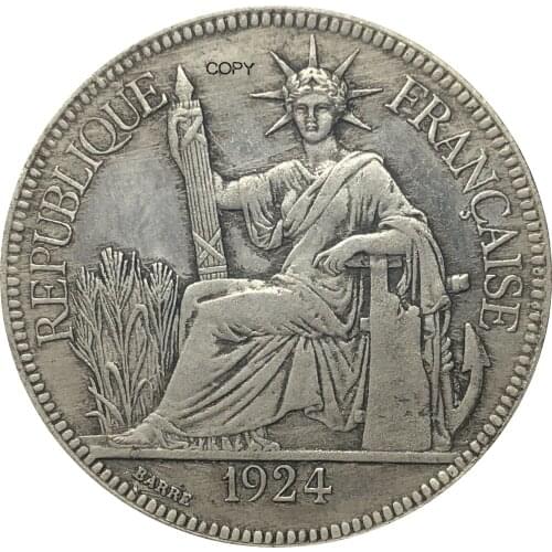 French Indochina 1924 A 1 Piastre Commerce Coin REPUBLIQUE FRANCAISE Cupronickel Silver Plated Copy Coins