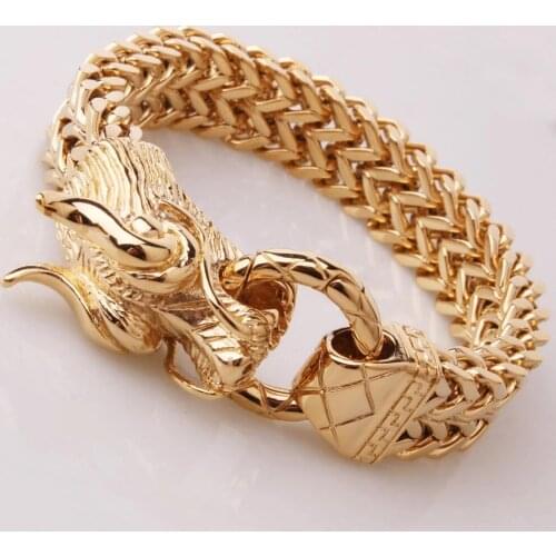 Hip Hop Gold Black Silvercolor 316L Stainless Steel Figaro Chain Mens New Fashion Bracelet With Dragon Clasp 8.66Inch Long