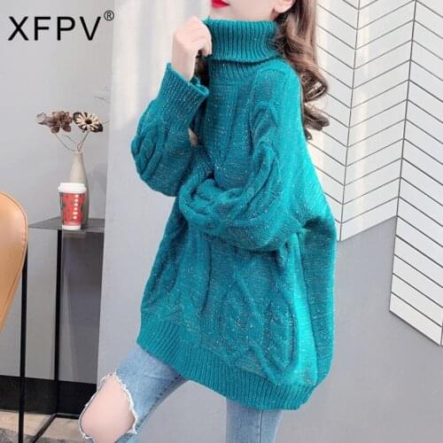 XFPV 2021 Spring Autumn New Korean Fashion Women Clothing Twist Turtleneck Sweater Thick Mid-length Loose Pullover Coat LY95