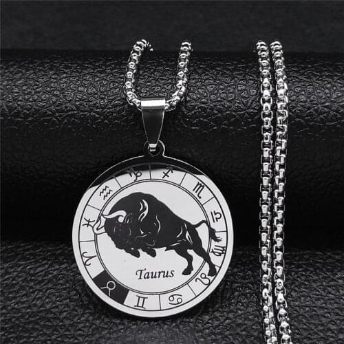 Stainless Steel Round Astrology Taurus Chain Necklace Women/Men Silver Color Necklace Jewelry collana segno zodiacale XH256S03