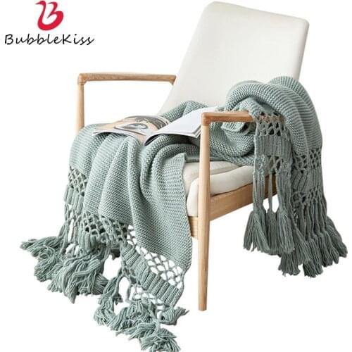 Bubble Kiss Pure Color Tassel Blanket Fashion Knitted Hollow Bed Cover Blanket American Style Sofa Decorative Throw Blanket New