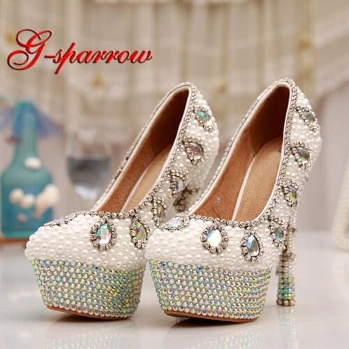 White Pearl Wedding Shoes with Sparkling AB Crystal Platforms Bridal Shoes 5" High Heel Homecoming Party Pumps Handicraft Shoes