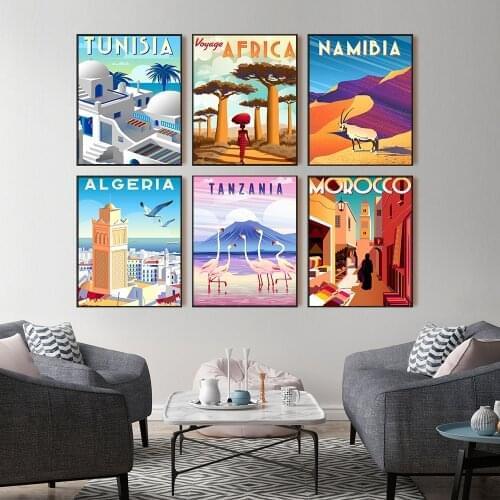 Nordic Vintage Travel Cities Africa Poster Morocco Tanzania Namibia Arabic Landscape Art Canvas Painting Wall Picture Home Decor