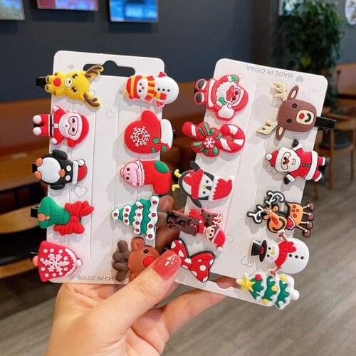 10pcs Christmas Tree Children Hair Accessories Kid Girl Cute Cartoon Snowman Elk Hair Clip Pin Hairpins Hairgrip Barrettes