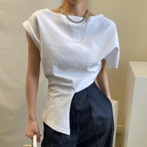 Summer O Neck Design Asymmetrical Waist Slimming Solid Short Sleeve T Shirt Women Top X423