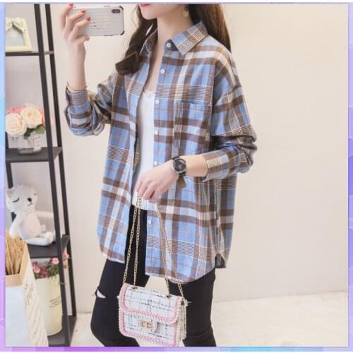 Retro Women Cotton Shirt Turn-down Collar Spring And Autumn Blusas Fashion Long-sleeved Top Plaid Hong Kong Coat Loose Tee Shirt