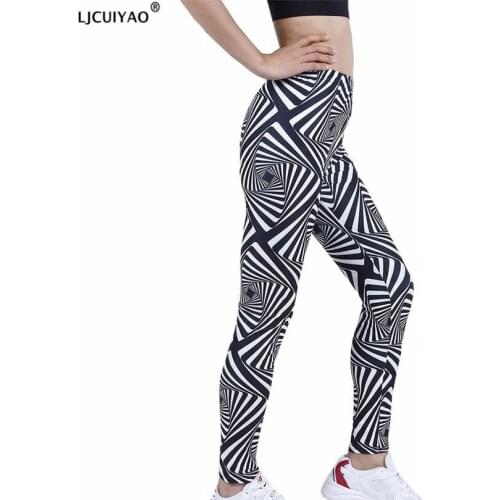 LJCUIYAO Leggings Womens Leggins Casual Sportwear Black White Stripes Printed Geometric Ankle-Length Fitness Fashion Bottom