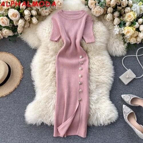 APHALMODA 2021 Summer New Women Retro Knitting Dress Button Details Side Split Pullovers Women Sexy Stretchy Step Dress