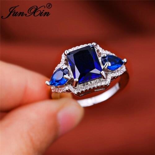 Vintage Geometric Zircon Stone Ring White Gold Blue Green Purple Crystal Square Wedding Rings For Women Valentine Jewelry