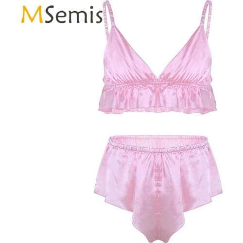 2Pcs Mens Sissy Lingerie Soft Silky Bra Top with Spaghetti Strap Deep V Neck Brassiere Loose Triangle Briefs Underwear Set