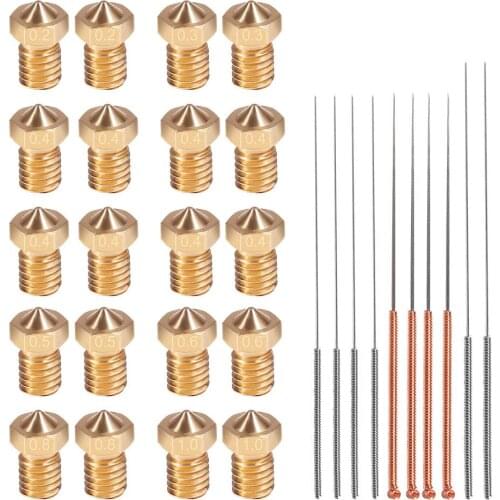 20 PCS M6 3D Printer Nozzles with 10PCS Cleaning Needles Kit, V6 V5 Brass Exruder Nozzle Print Head for E3D Makerbot