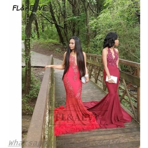 2021 Red Evening Dress Mermaid Lace Appliques Sleeveless Lace Up Back Floor Length Black Girls Evening Party Gowns