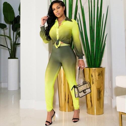 Gradient Color Two Piece Pant Suit Womens Set Long Sleeve Buttons Up Blouse Top and Pencil Legging Early Autumn Matching Suit