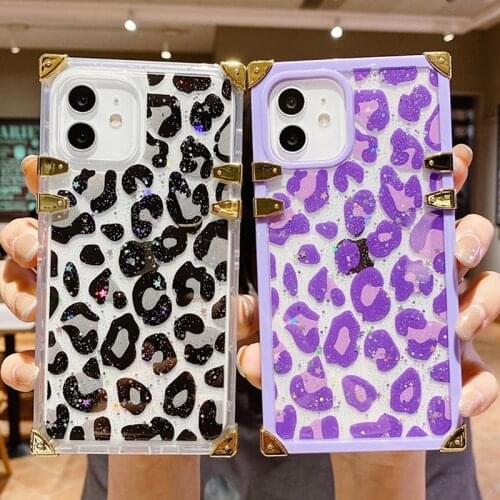 Square Leopard Glitter Phone Case For iphone 11 12 Mini Pro XS Max X XR 7 8 6 6S Plus SE 2020 Luxury Silicone Soft Back Cover