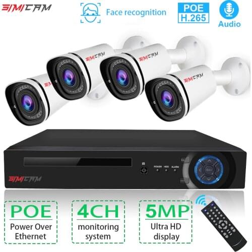 5MP Ultra HD Clear 4CH POE CCTV Surveillance Camera Kit Face Detection Audio AI IP Camera IP66 IR Outdoor Video Security System