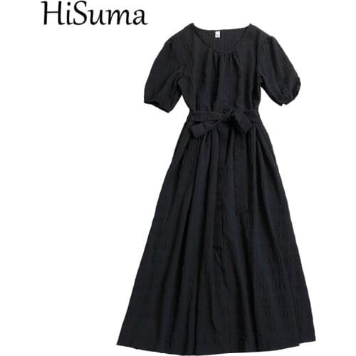 HISUMA Summer O-Neck Puff Sleeve Women Pleated Party Bow Dress New Lady A-line Elastic Slim Waist Bandage Strap Party Midi Dress