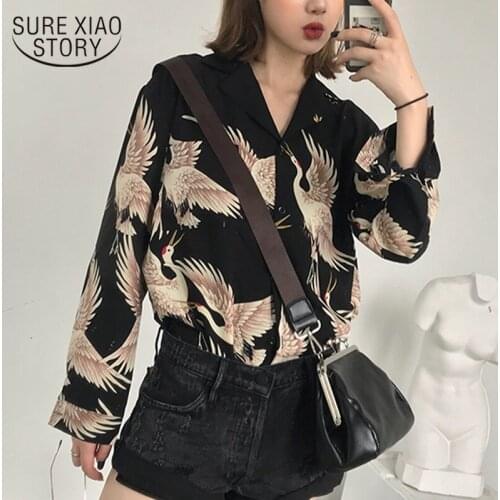 Fashion Vintage Chic Crane Print Women Blouses New Autumn Long Sleeve Chiffon Shirts Women Turn Down Collar Clothing 0845 30