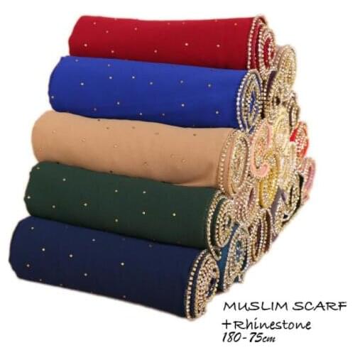 Fashion Muslim Glitter Stones Chiffon Womens Headband Rhinestone Diamond Solid Color Chiffon MUSLIM Hijab Headwraps