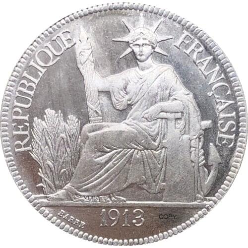 French Indochina 1913 A 1 Piastre Commerce Coin REPUBLIQUE FRANCAISE Cupronickel Silver Plated Copy Coins