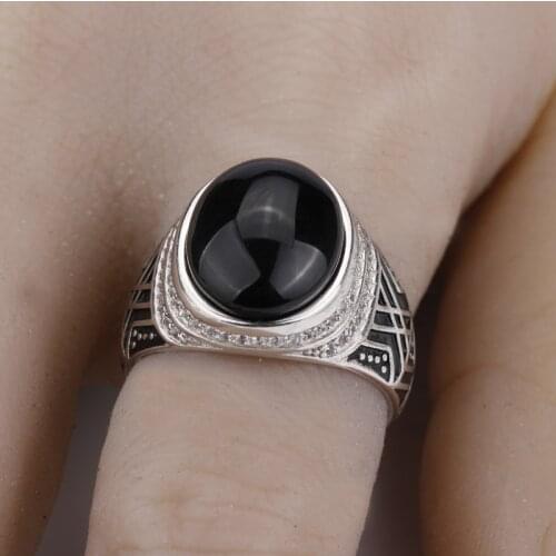 925 Sterling Silver Men Finger Ring with Big Black Agate Stone & Clear CZ Turkish Rings for Men Fine Jewelry