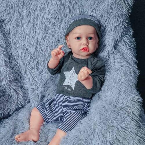 22 Inch Lifelike Reborn Baby Doll Blue Eyes Hat Boy Full Silicone Vinyl Doll Baby Boy Doll Bath Play Infant Doll Toy for Gift