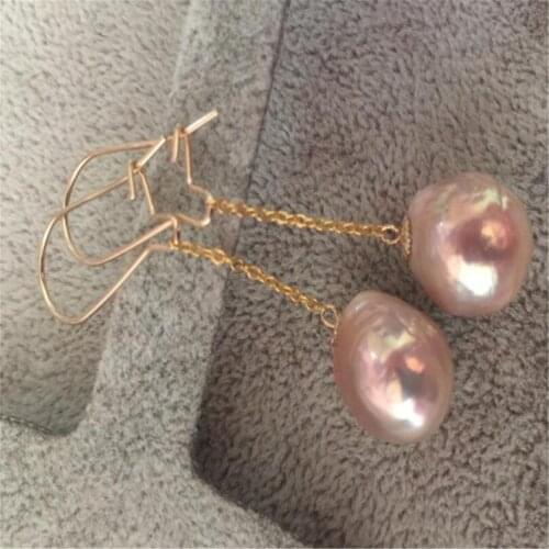 13-14mm Pink Baroque Pearl Earrings 18K Gold Ear Drop Dangle Earbob Natural Flawless Party Women Accessories Wedding Hoop Real