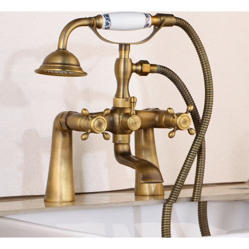 Bathtub Faucet Antique Brass 2 Handle Deck Mounted Bath Shower Faucets Mixer Tap With Hand Shower Head KD1123