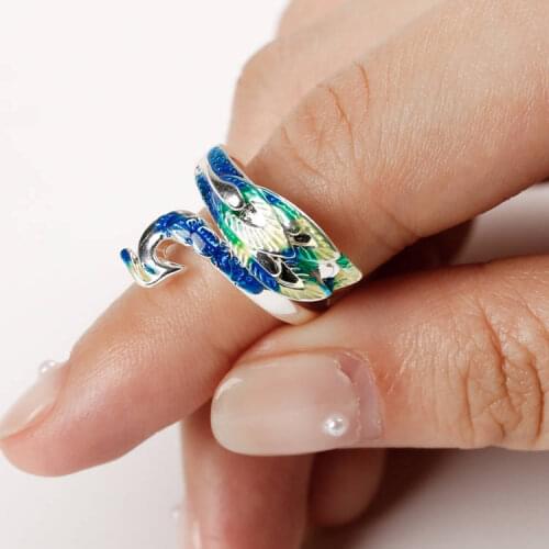 Unique Fashion Classic Silver Color Blue Peacock Ring Retro Popular Women Adjustable Opening Ring Cocktail Party Jewelry Gift