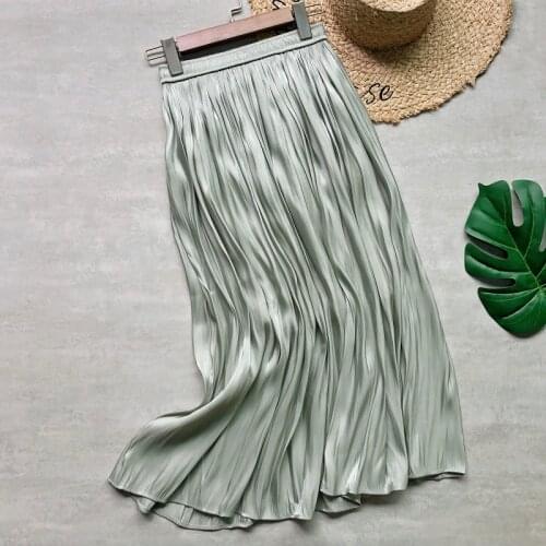 Summer Women Midi Skirts Fashion Shiny Pleated Skirts Bling Bling High Waist Korean Style Pearl Luster Mid-calf Casual Skirts