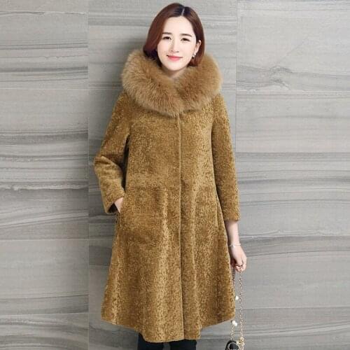 Sheap Shearing Coat Women Warm Real Fur Coat 2020 New Winter Real Fox Fur collar Long Cloak Jacket Hood Parka LX2427
