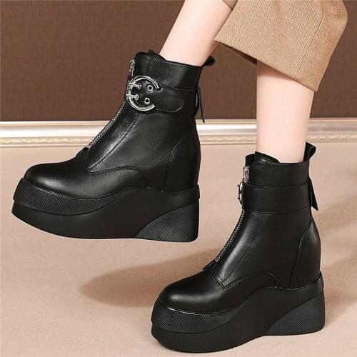 2020 Platform Oxfords Shoes Women Genuine Leather Wedges High Heel Motorcyle Boots Female High Top Round Toe Fashion Sneakers