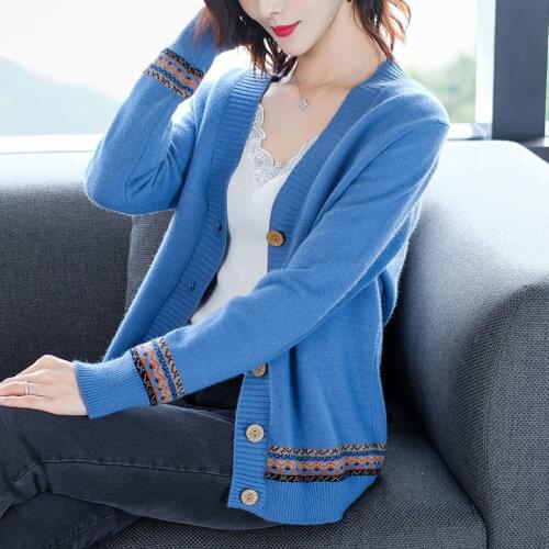 Womens Large New Spring And Autumn V-neck Color Matching Long Sleeve National Style Cardigan Coat Loose Sweater For Women