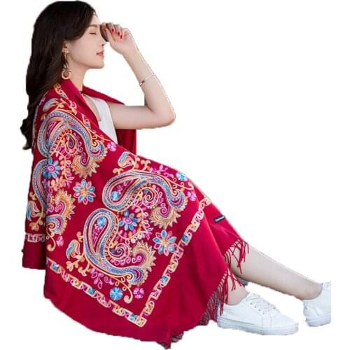 Vintage Embroidery Imitation Cashmere Scarf Shawl Women Plus Size Sunscreen Air-conditioning Pashmina Head Scarves For Ladys