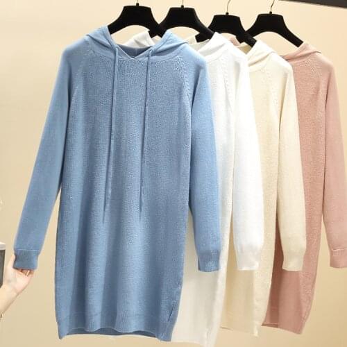 Gkfnmt oversize Autumn Winter basic hooded long Sweater dress women loose Thick maix dress Female robe chic knit straight dress